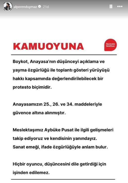 Oyuncu Alperen Duymaz’dan, TRT tarafından işine son verilen Aybüke Pusat’a destek paylaşımı: