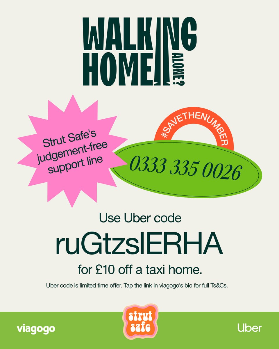 Supporting gig-going fans getting home safely 🎤🏠

If you're ever in need of reassurance on your way home alone, ring <a href="/StrutSafe/">Strut Safe</a>'s support line: 0333 335 0026

And from this Friday, with <a href="/UberUK/">Uber UK</a>, we're also offering a £10 discount code on Uber rides across the UK for anyone