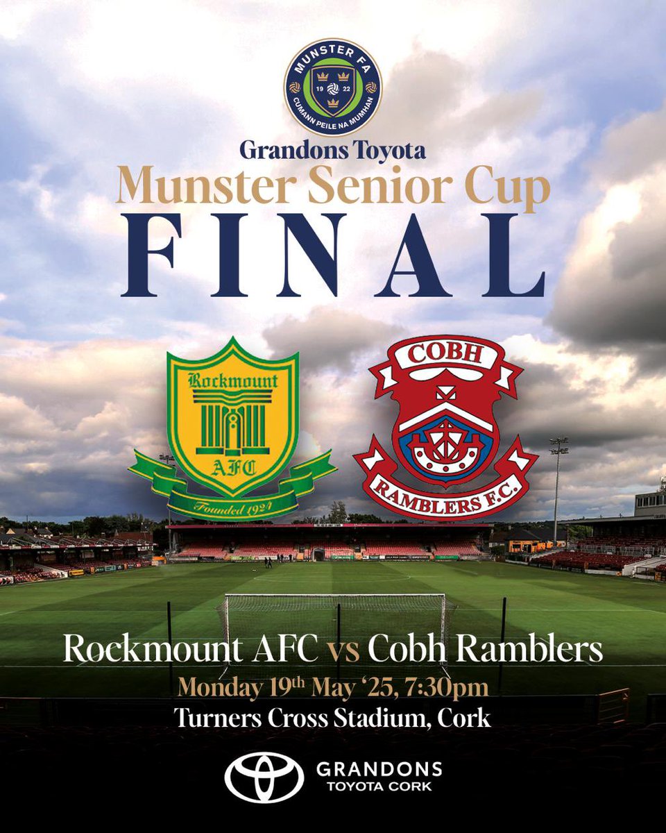 Munster Football Association (@munsterfa) on Twitter photo Confirmed:
<a href="/GrandonsToyota/">Grandons Toyota Cork</a> Munster Senior Cup Final <a href="/RockmountAFC/">RockmountAFC</a> v <a href="/CobhRamblersFC/">Cobh Ramblers FC</a> will take place on Monday 19th May 7.30pm KO in Turners Cross
Look forward to welcoming you all on the night ⚽️
<a href="/MunsterFA/">Munster Football Association</a> <a href="/echolivecork/">EchoLive.ie</a> <a href="/BigRedBench/">RedFM Sport</a> <a href="/Corks96FM/">Cork's 96FM</a> <a href="/MunsterSenLgue/">Beamish Stout Munster Senior League</a> <a href="/LeagueofIreland/">League of Ireland</a> Confirmed:
<a href="/GrandonsToyota/">Grandons Toyota Cork</a> Munster Senior Cup Final <a href="/RockmountAFC/">RockmountAFC</a> v <a href="/CobhRamblersFC/">Cobh Ramblers FC</a> will take place on Monday 19th May 7.30pm KO in Turners Cross
Look forward to welcoming you all on the night ⚽️
<a href="/MunsterFA/">Munster Football Association</a> <a href="/echolivecork/">EchoLive.ie</a> <a href="/BigRedBench/">RedFM Sport</a> <a href="/Corks96FM/">Cork's 96FM</a> <a href="/MunsterSenLgue/">Beamish Stout Munster Senior League</a> <a href="/LeagueofIreland/">League of Ireland</a>