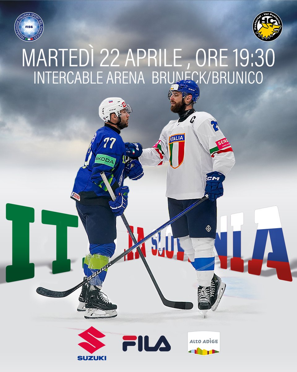 Die 𝐀𝐳𝐳𝐮𝐫𝐫𝐢 kommen zurück nach Bruneck und treffen am 22. April in der Intercable Arena auf Slowenien. 🔥 Tickets für den letzten Test vor der WM in Rumänien sind ab sofort online erhältlich! 🤩 #HockeyValley
Alle Infos ➡️ hcpustertal.com/tickets <a href="/fisg_it/">FISG</a>