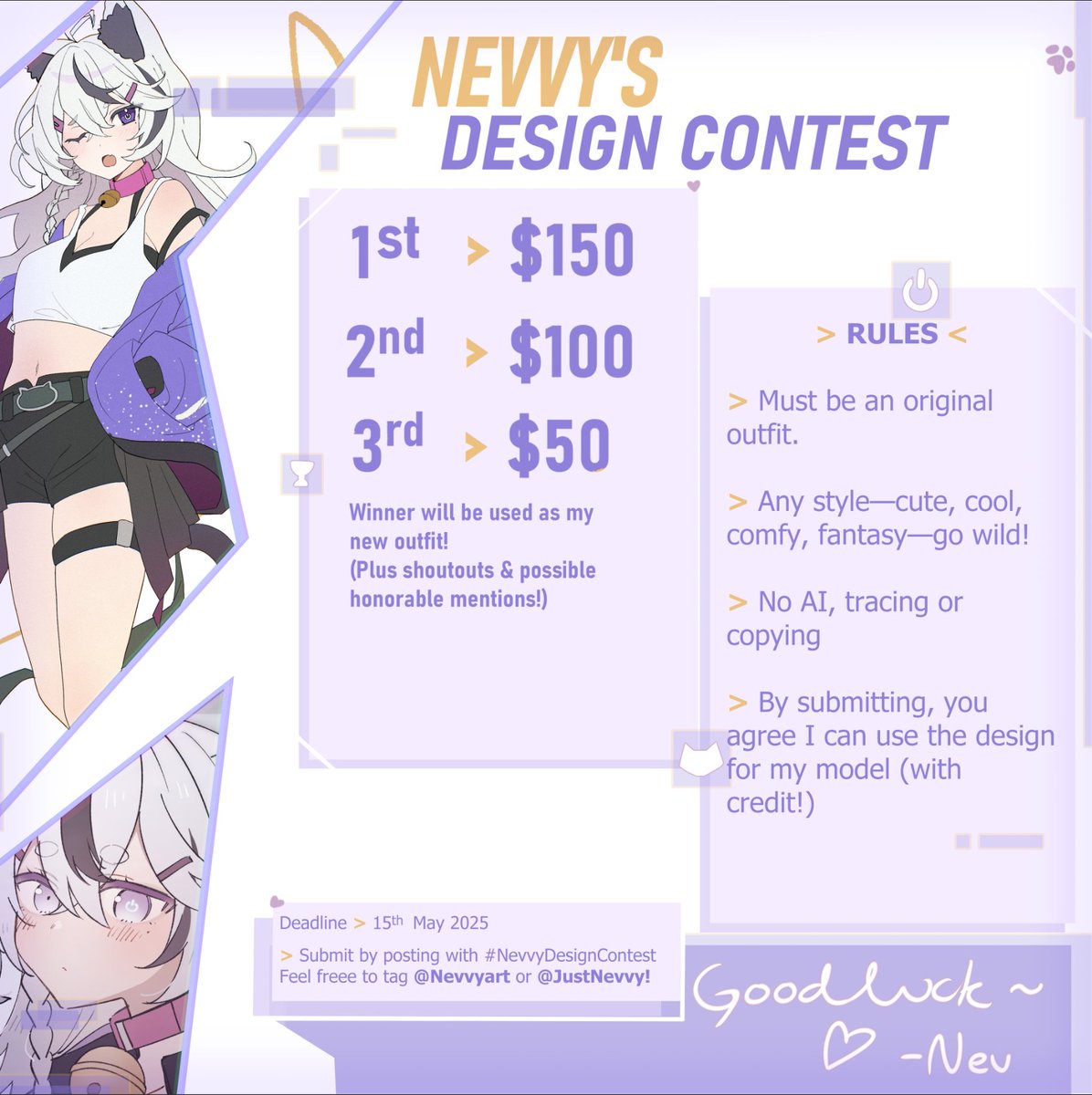 I’m looking for a new outfit for my VTuber model—&amp; YOU can design it! 

Winner gets $150 + their outfit brought to life!

Retweet to help spread the word! 🐱💜

#NevvyDesignContest