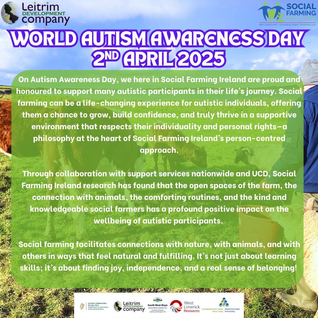 Celebrating #AutismAwarenessDay &amp; the incredible autistic individuals in #SocialFarming!  With open spaces, routines &amp; animals, farms become places of joy, independence &amp; belonging! We’re honoured to be part of their journey! #Inclusion #AutismAwareness