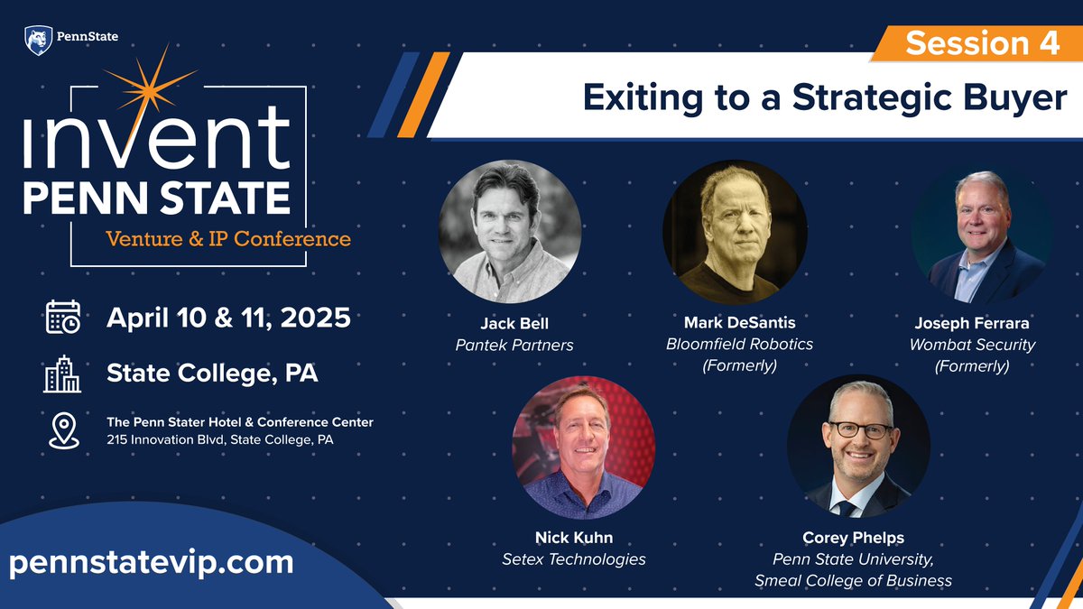 2025 Venture &amp; IP Conference – Session 4 
Exiting to a Strategic Buyer

Learn how to work with strategic investors from fundraising to a successful exit! 
 pennstatevip.com

#VentureIPConference #VentureFunding #MergersAndAcquisitions #StartupSuccess #Entrepreneurship