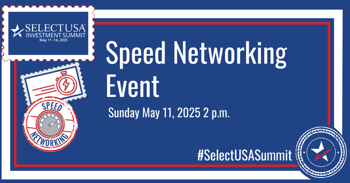 Introducing: SPEED NETWORKING! Start the 2025 #SelectUSASummit with the perfect opportunity to make valuable early connections that could set your U.S. investment up for success.

📅 Sunday, May 11, 2025
🕑 2 PM - 3:30 PM ET
🔗 See the full agenda: selectusasummit.us/Programming/20…