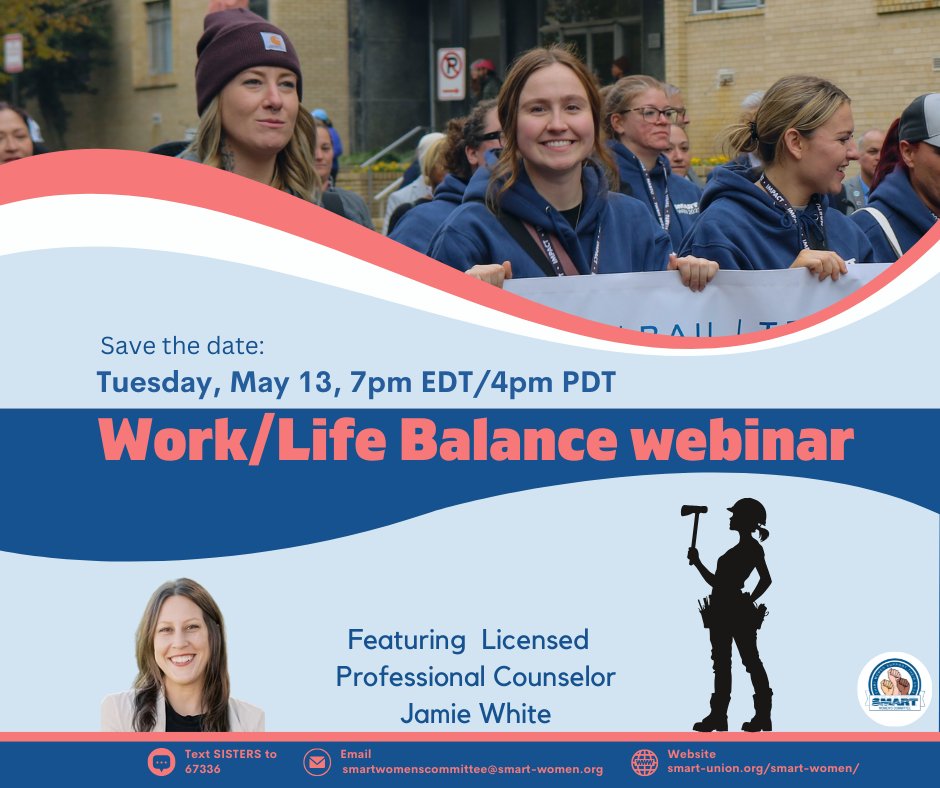 Save the date: SMART Women's Committee work-life balance webinar! smart-meeting-on.zoom.us/meeting/regist…

Join fellow members and the Women’s Committee on May 13 at 7 p.m. EDT/4 p.m. PDT for an online webinar featuring licensed professional counselor Jamie White.