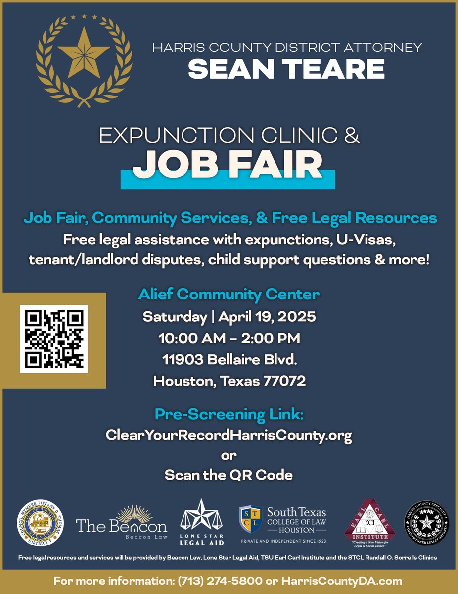 Getting your record expunged can mean a fresh start:  better job opportunities, housing assistance, furthering your education. Find out if this clinic is for you by starting the prescreening process here: clearyourrecordharriscounty.org 

April is Second Chance Month. If you have a