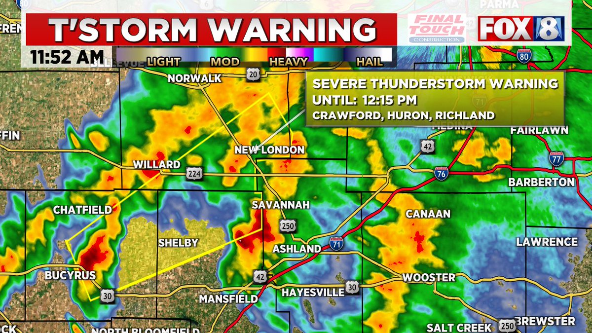 A SEVERE THUNDERSTORM WARNING has been issued for Northern Richland and Southern Huron County until 12:15PM (4/2)
-Moving NE at 65MPH
-Quarter size hail
Tune in for latest on <a href="/fox8news/">fox8news</a> at noon.