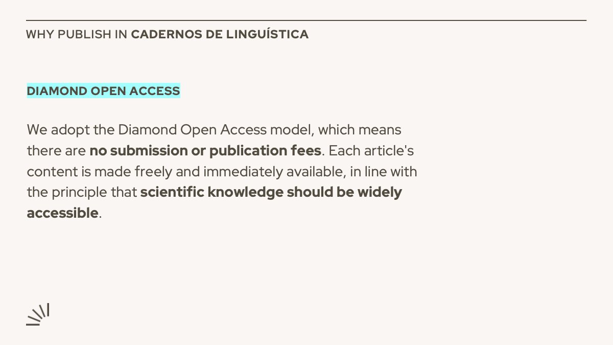 Our Diamond Open Access model ensures authors face zero publication fees and that all articles are instantly available to everyone. Guided by the Budapest Open Access Initiative (<a href="/TheBOAI/">BOAI</a>), we promote knowledge without borders. 
Learn more: cadernos.abralin.org/index.php/cade…