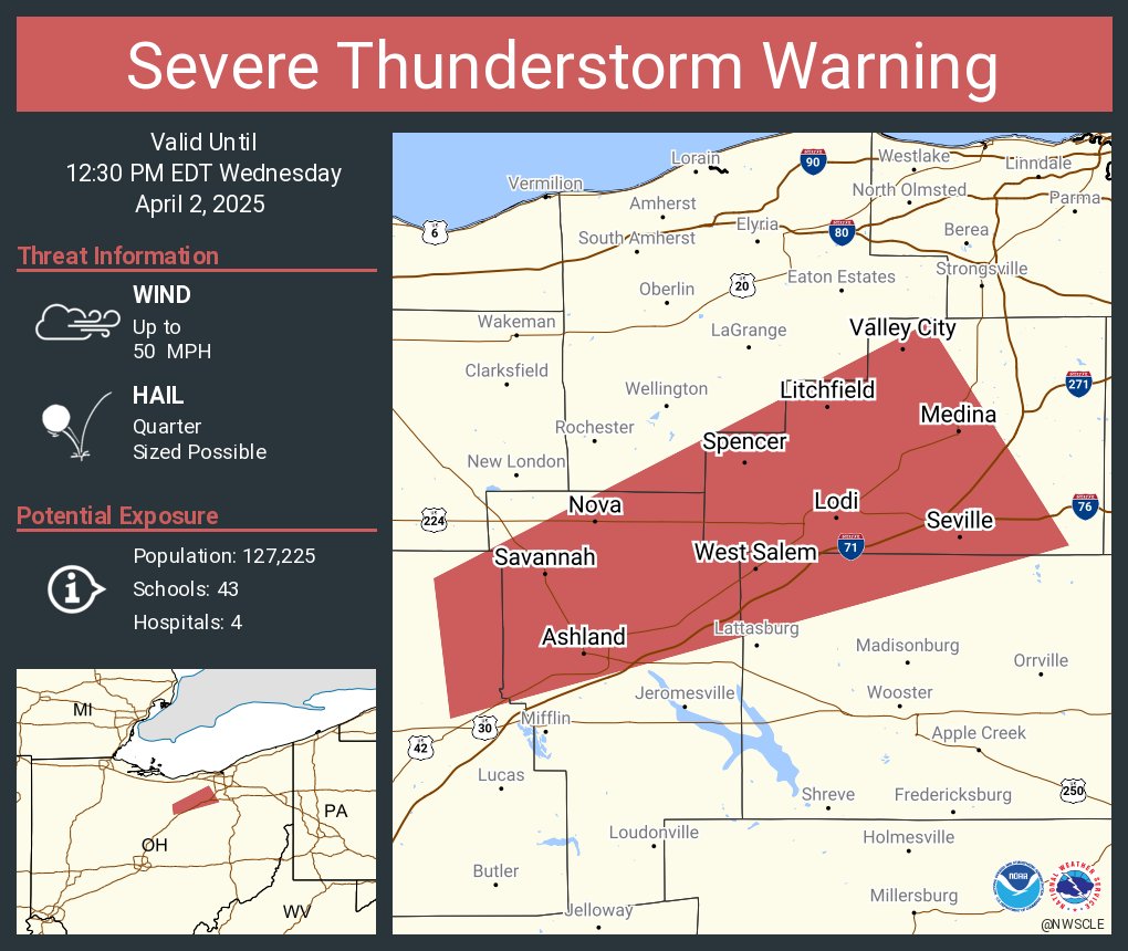 Severe Thunderstorm Warning including Medina OH, Ashland OH and  Lodi OH until 12:30 PM EDT