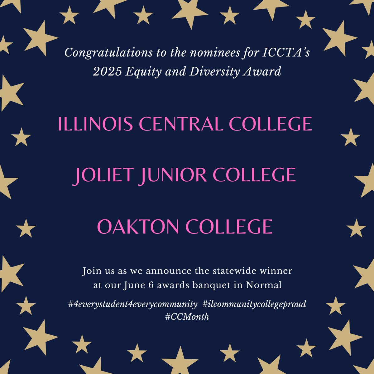 ICCTA is proud to kick off our #CCMonth observance by announcing the nominees for our 2025 Equity and Diversity Award: <a href="/IllinoisCentral/">ICC.edu</a>, <a href="/JolietJrCollege/">Joliet Junior College</a>, and <a href="/OaktonCollege/">OaktonCollege</a>.  #4EveryStudent4EveryCommunity #ilcommunitycollegeproud