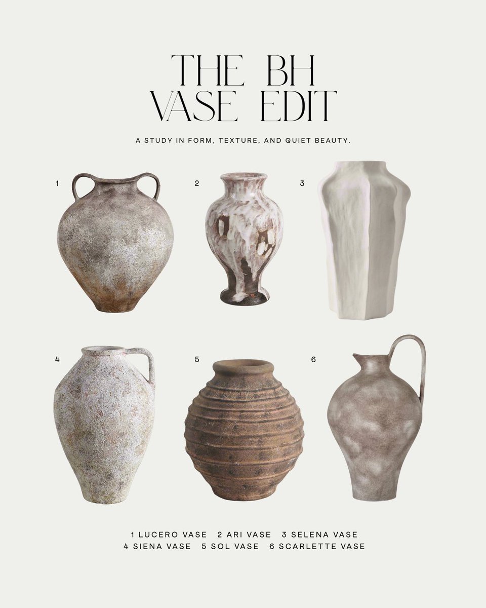 BelareHome's tweet photo. The Belaré Home Vase Edit: A curated exploration of form, texture, and quiet elegance. Where soft meets sculptural, organic lines blend with bold presence, and each piece balances grandness with gentle refinement.⁠ https://t.co/COXq5B1PYw
⁠
#homedecor #interiordesign https://t.co/fa0GkuEXPY