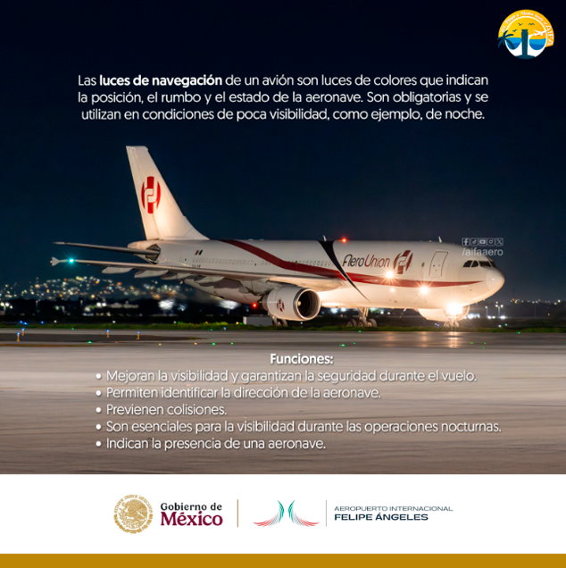 aifaaero's tweet image. ¡Dato curioso! Los aviones tienen luces de navegación que les ayudan a evitar colisiones durante la noche o en condiciones de baja visibilidad.  #DatoCurioso #Aviación #VuelaSeguro #AIFA