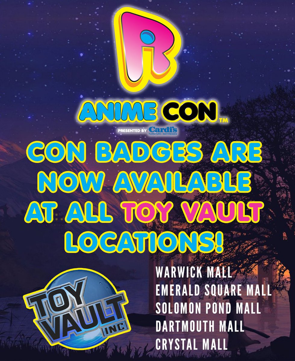 rianimecon's tweet photo. The moment you all have been waiting for! #RIAC2025 con badges are now on sale at all 5 mall locations! For locations and hours, visit https://t.co/zBT78sxSOQ! Buy yours today! @thetoyvault https://t.co/d1TyAx7tbd