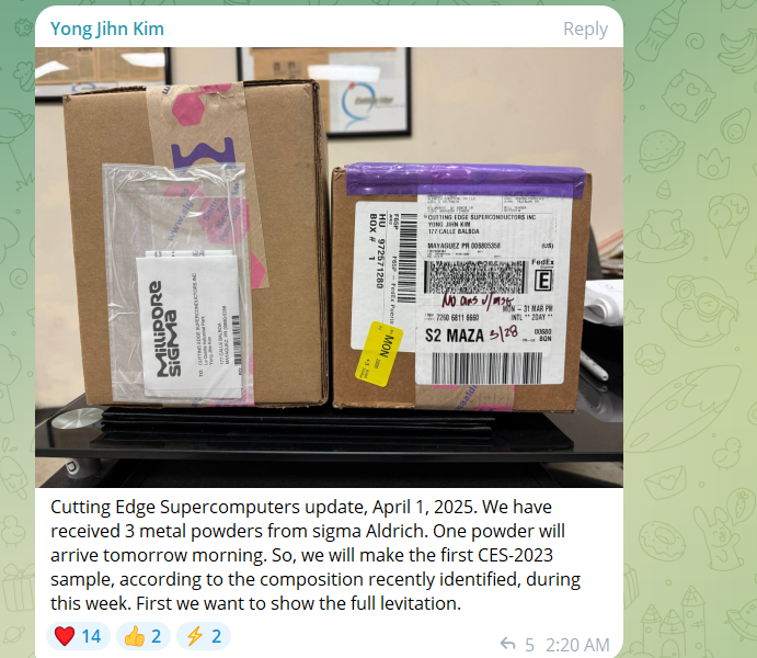 TBG_JUST_G's tweet photo. .
#RoomCon is curling upwards. now around $400k valuation.

CA: 0x999e62F80D2c8Ec8aDfBf041b06239C6aE6d8492

Their partnered company CES have received the materials to make larger sample sizes of their CES-2023 Room Temperature Superconductor. (in screenshot). Read my previous posts to grasp how groundbreaking this is.

It's so many memecoins on @BNBchain at similar $400k valuation.

99% of them won't even have a narrative that's valid a week from now. That's just the reality. I'm buying some of them to quick flip lol.

"The same could happen to @roomconglobal"

Those memecoins don't have founders connected to web2 companies already on @Binance like #JellyJelly or founders with 30 years of recorded history in tech & science like @jihn_yong. You don't think @jellyvideochats hasn't mentioned them to @cz_binance or @heyibinance?

But sure, anything could happen. 

The 1987 Nobel Prize in Physics was awarded to J. Georg Bednorz and K. Alex Müller for their breakthrough discovery of superconductivity in ceramic materials. The 1972 prize went to John Bardeen, Leon Cooper, and J. Robert Schrieffer for their THEORY of superconductivity, also known as the BCS theory.
Source: https://t.co/7QURtrRwUT

Next Nobel Prize awarded to a project on @BNBchain?

I'm just presenting some facts :). DYOR.
.
#Crypto