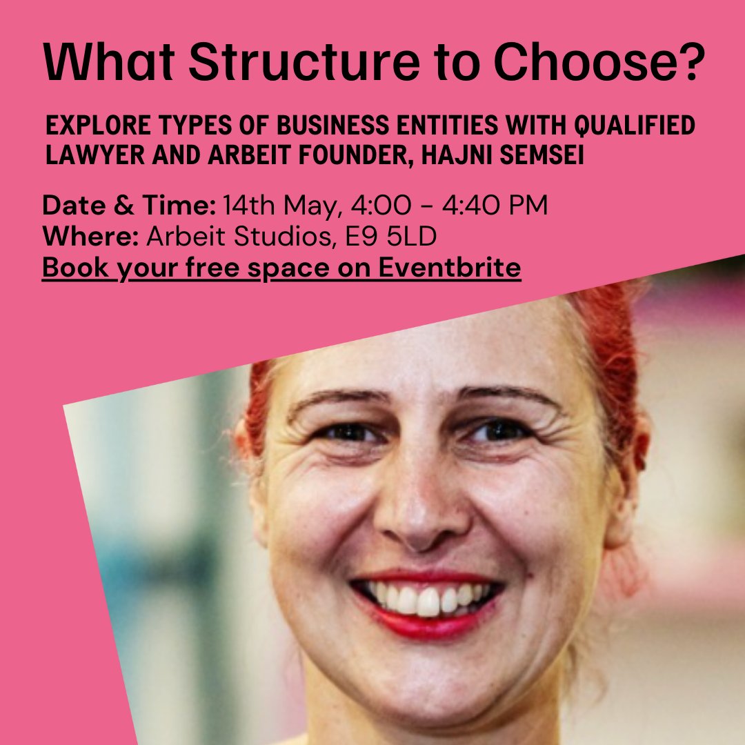 Thinking of starting a business or already running one?

Join Hajni Semsei, a qualified lawyer and founder of Arbeit for a free session on business structures - what they mean, how they work, and what’s right for you.  

Book here: bit.ly/3E7unSf