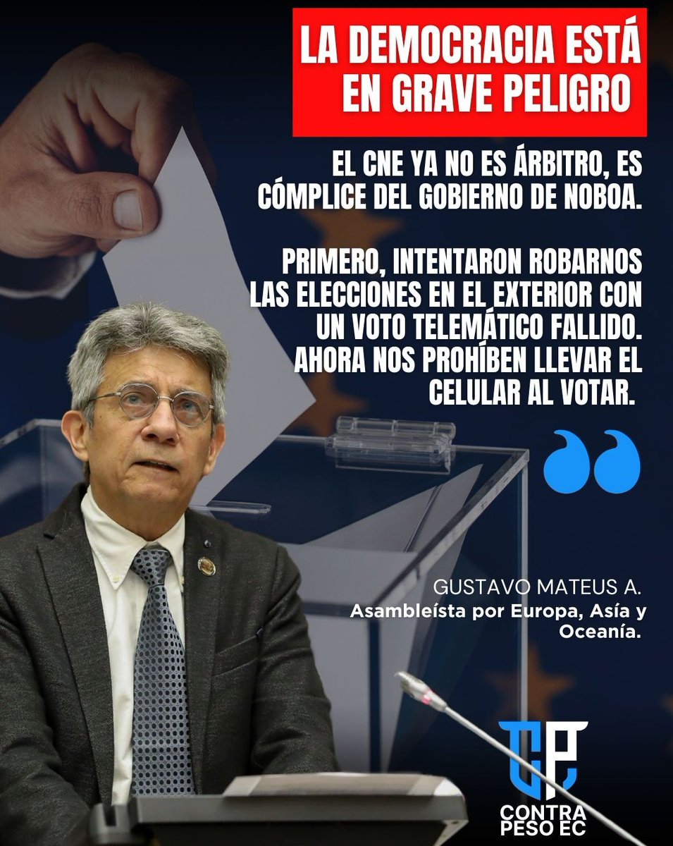 ContraPeso_Ec's tweet image. ⚠️𝗟𝗔 𝗗𝗘𝗠𝗢𝗖𝗥𝗔𝗖𝗜𝗔 𝗘𝗡 𝗣𝗘𝗟𝗜𝗚𝗥𝗢‼️ Así lo denuncia el legislador por el exterior @GustavoMateusA frente a la medida arbitraria del @cnegobec sobre la prohibición de celulares en los recintos.
#SomosContraPesoEc🇪🇨