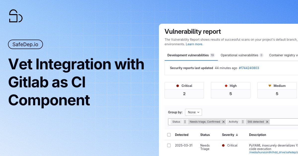 SafeDep (@safedepio) on Twitter photo ๐ Announcing #GitLab CI/CD Component for #vet
โก๏ธ Seamless integration as a CI Component
โก๏ธ Available in GitLab CI Catalog
โก๏ธ Policy as Code (CEL)
โก๏ธ Protect against vulnerable and malicious "code"
๐ Try now
โก๏ธ safedep.io/introducing-giโฆ
#devops #appsec #opensource #Security ๐ Announcing #GitLab CI/CD Component for #vet
โก๏ธ Seamless integration as a CI Component
โก๏ธ Available in GitLab CI Catalog
โก๏ธ Policy as Code (CEL)
โก๏ธ Protect against vulnerable and malicious "code"
๐ Try now
โก๏ธ safedep.io/introducing-giโฆ
#devops #appsec #opensource #Security