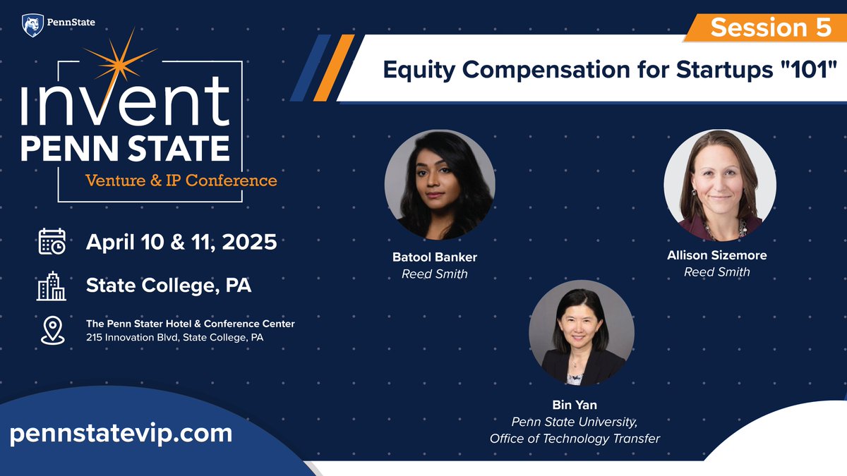 Session 5: Equity Compensation for Startups “101”

Join us at #VentureIPConference for key insights on equity incentives—why they matter, how to structure them, and what investors expect.

pennstatevip.com

#Entrepreneurship #InvestorReady #PennState #VentureIPConference