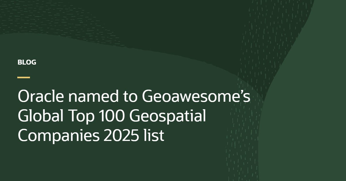 OracleDatabase's tweet photo. Oracle is proud to be included in Geoawesome’s list of the most innovative and influential companies shaping the geospatial industry. Explore how Oracle Spatial has made an impact on the industry, innovation, and technical advancements. https://t.co/ig6rR406or
#GlobalTop100Geo https://t.co/N8RADXXVsh