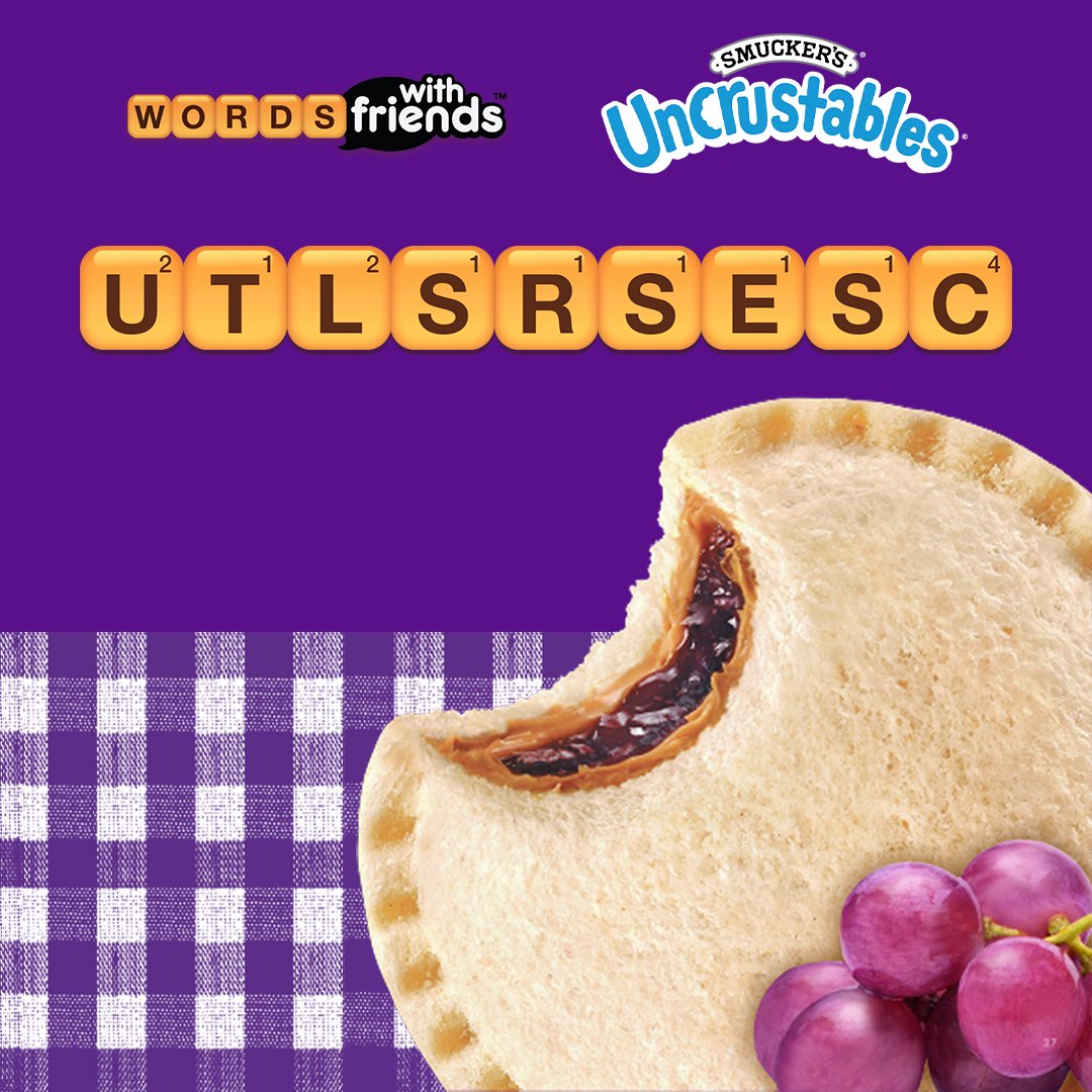 Words With Friends (@wordswfriends) on Twitter photo We are celebrating National PB&J Day with <a href="/Uncrustables/">Uncrustables®</a>! 🍇 🥜 Can you help us by unscrambling today's Word of the Day? No prep. No mess. Pack the best part of the sandwich: zynga.social/crustless
#WordsWithFriends #NationalPBJDay We are celebrating National PB&J Day with <a href="/Uncrustables/">Uncrustables®</a>! 🍇 🥜 Can you help us by unscrambling today's Word of the Day? No prep. No mess. Pack the best part of the sandwich: zynga.social/crustless
#WordsWithFriends #NationalPBJDay