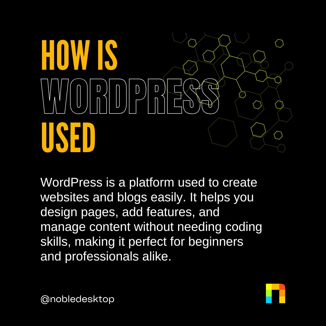 nobledesktop's tweet image. When is WordPress used? Anytime you need a powerful, flexible platform to build a website! From blogs and portfolios to e-commerce stores, WordPress is the go-to tool for creating professional sites. At Noble Desktop, we can teach you how to use it.