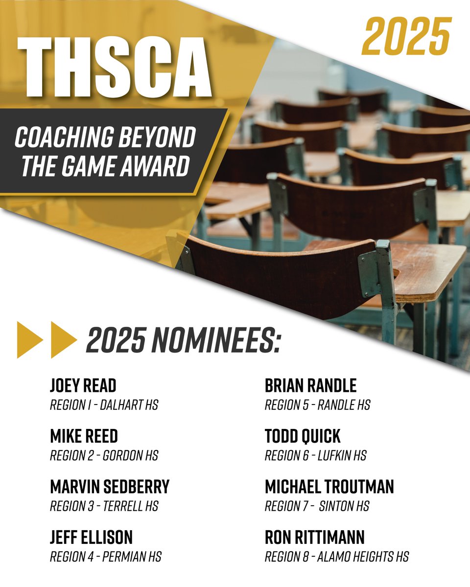 THSCAcoaches's tweet photo. Here are the 2025 Coaching Beyond the Game Award nominees! 🙌 This award recognizes individuals who have made an impact beyond sports. Keep an eye out for the winner! https://t.co/qd8cy8LFs7