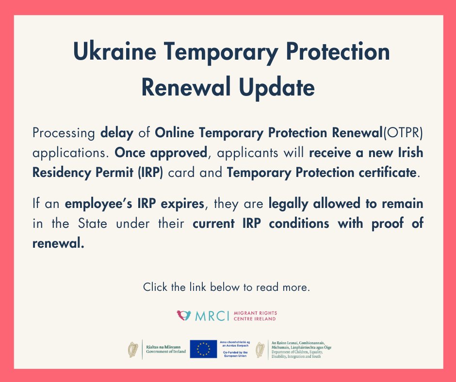 The Ukraine Response Team is processing a high volume of Temporary Protection Renewals, which may cause delays. If an employee’s IRP card expires, they can legally remain in the State under the same conditions with proof of renewal.
🔗 Read more here:
irishimmigration.ie/notice-for-emp…