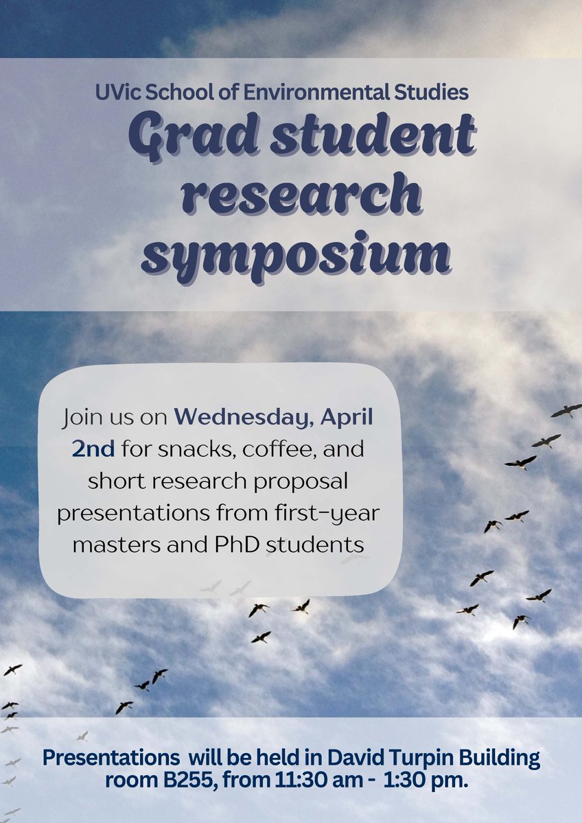 Join us at #UVicENVI’s Grad Research Symposium TODAY! 🌿✨ First-year Environmental Studies grad students will deliver 5-min talks on their research in ethnoecology, political ecology &amp; conservation. Don’t miss this chance to connect!