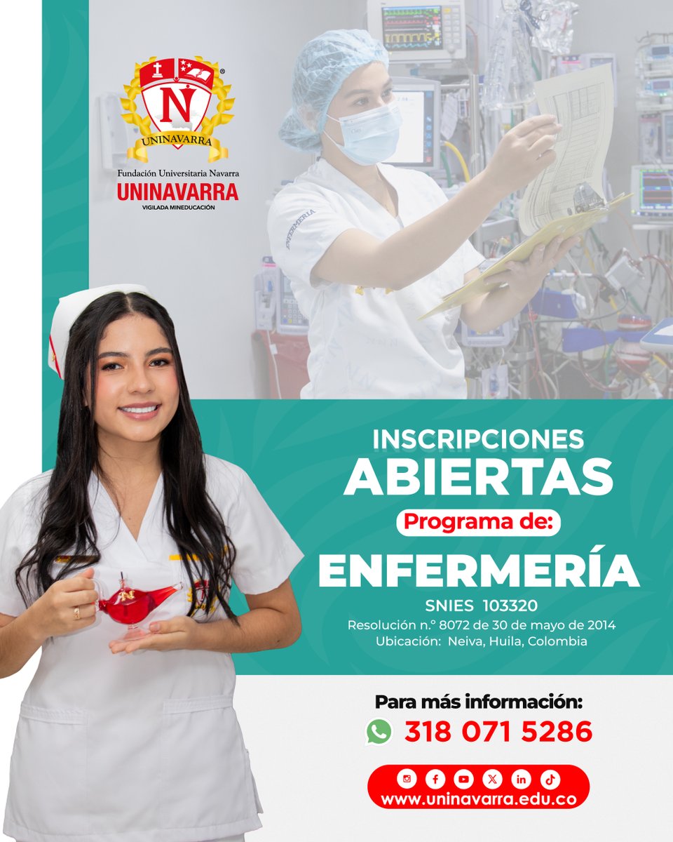 ¡Conviértete en un líder de la salud con el programa de Enfermería de la Fundación Universitaria Navarra UNINAVARRA! 
📅 ¡Inscripciones abiertas!
¡Te esperamos para formar parte de una comunidad comprometida con la salud!
Contáctanos para mayor información.