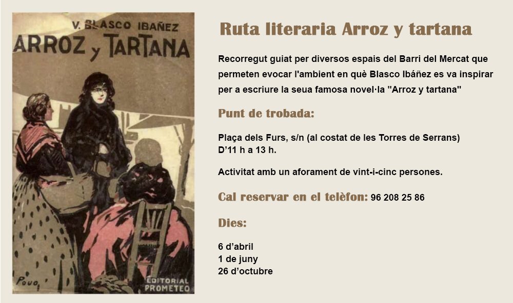 AjuntamentVLC's tweet image. 🏛️ La Casa Museu #BlascoIbáñez oferix una nova ruta guiada pels carrers del #barri del #Mercat on transcorre 'Arroz y Tartana', una de les novel·les de l'escriptor ✍️  valencià de fama universal .

📆 Diumenges d'11 a 13 h

Inscripcions ☎️ 962082586

Consulta les dates ⏬