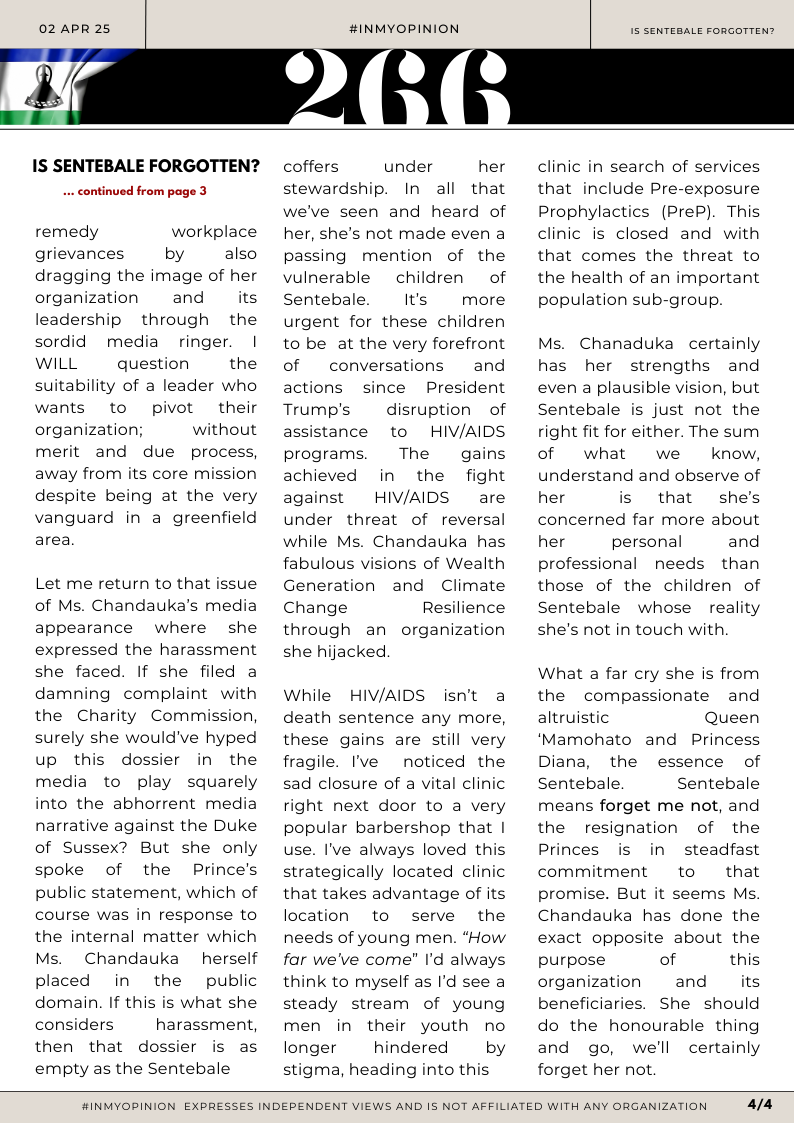 Is #Sentebale Forgotten? #InMyOpinion #LsTwitter. It has to be said that in #Lesotho, we have a unique perspective of Princes Harry and Seeiso not informed or influenced by the media. They are dear to us and always enjoy our love and support. Sentebale will rise from this low.