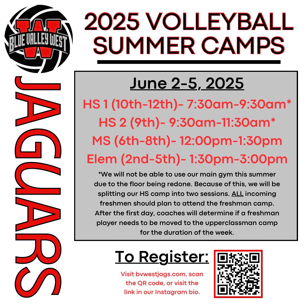 SUMMER CAMP UPDATE‼️

6th graders will now be included in our MIDDLE SCHOOL camp from 12-1:30PM

Elementary camp is filling up QUICKLY! Sign up ASAP! 14 more slots are available as of 4/2/25. 

#bvwvb🏐 #gojags🐾
