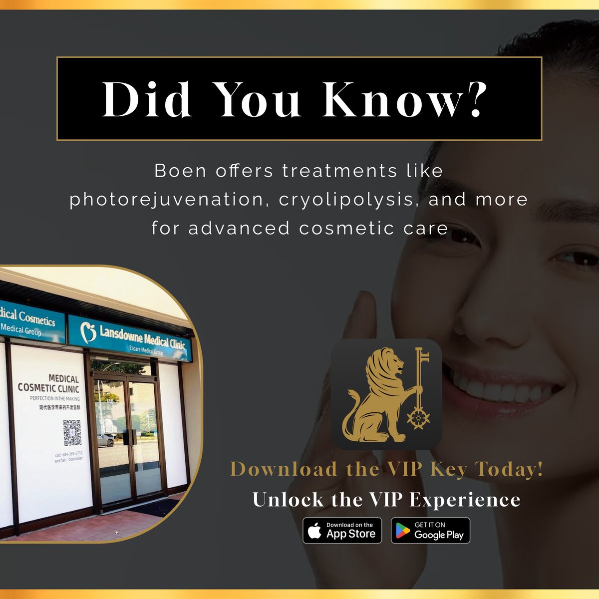 VipKeyClub's tweet image. Boen Medical Cosmetics &amp;amp; Laser! ✨

Specializing in photo-rejuvenation, cryolipolysis, as well as conventional personal care regiments grounded in diet and nutrition. 🍏 🥦

Unlock Boen Medical Cosmetics today. 🔓

What will you unlock?

#VIPKeyClub #Cosmetics #Beauty
