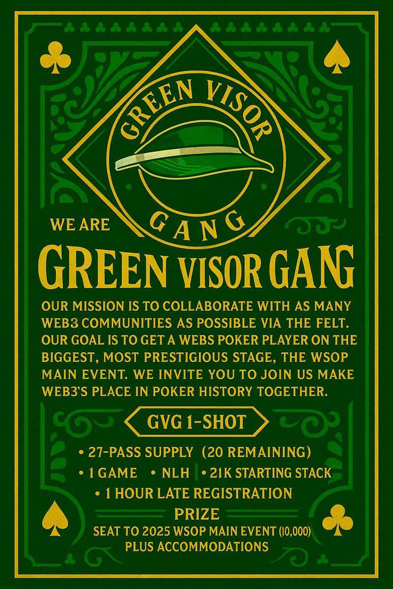 GVG ONE SHOT #WSOP

The stakes are high, the prize is epic, and the clock is ticking. Fresh off the $10K 2024 GVG500, we’re launching the ultimate poker showdown. ONE player. ONE shot at #WSOP2025. ONE life-changing prize. Are YOU ready?

One shot to glory! Which #Web3 community