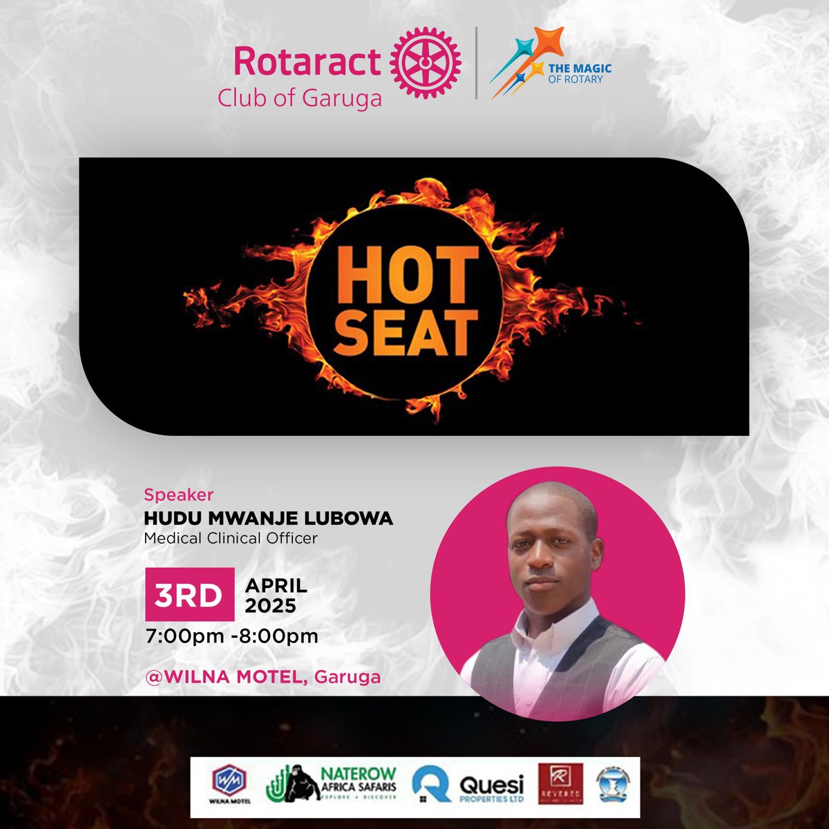 🔥 HOT SEAT ALERT! 
Join us as we put Hudu Mwanje Lubowa, a Medical Clinical Officer, in the Hot Seat this April 3rd, 2025 at Wilna Motel, Garuga

Expect insightful discussions, tough questions, and engaging conversations Don’t miss out on this fiery session
#RotaractGaruga