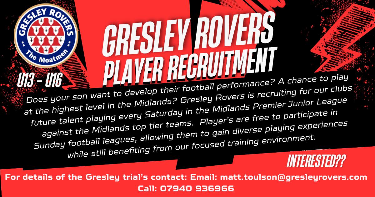 GresleyAcademy's tweet photo. Our player recruitment for Gresley Rovers Junior Academy for the 2025/26 season is now open!

Be a part of our pathway through the club.

Interested? Please email: matt.toulson@gresleyrovers.com for more info or click on the link below to register:

https://t.co/mL3F9RGk6W https://t.co/eEejc66sBl