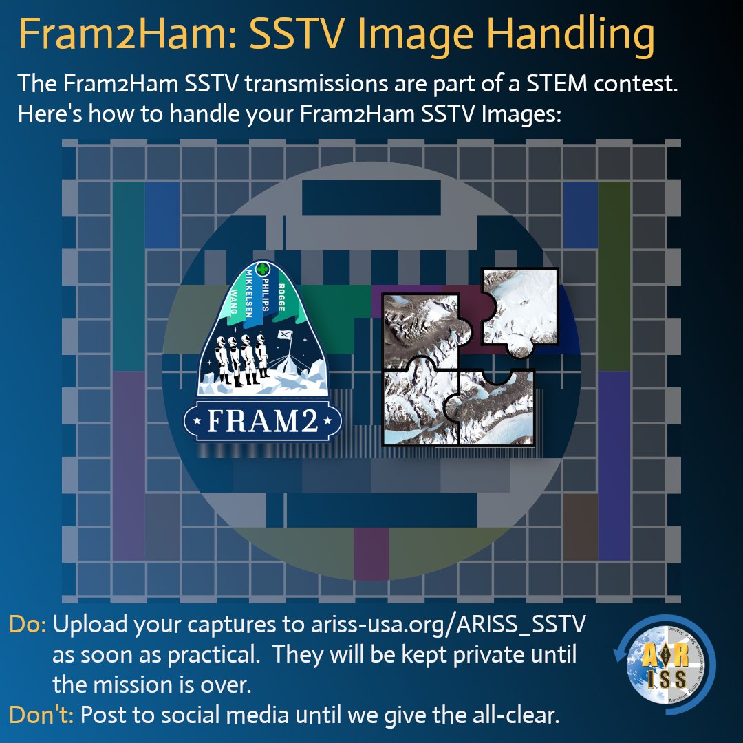 Next Fram2Ham (<a href="/framonauts/">fram2</a>) SSTV operations are expected to occur during today’s evening passes (April 2) over the USA and Canada.  
Some of these opportunities are be subject to change, based on crew research activities, radio availability or radio battery life.