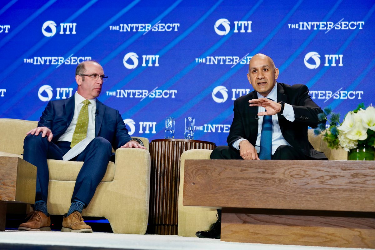 ITI_TechTweets's tweet photo. .@AamirPaul1, President &amp; CEO of North America Operations @SchneiderElec joined ITI’s EVP of Policy Gordon Bitko onstage at #TheIntersect2025 to discuss the potential of #AI and energy management. https://t.co/sluO7wx43l