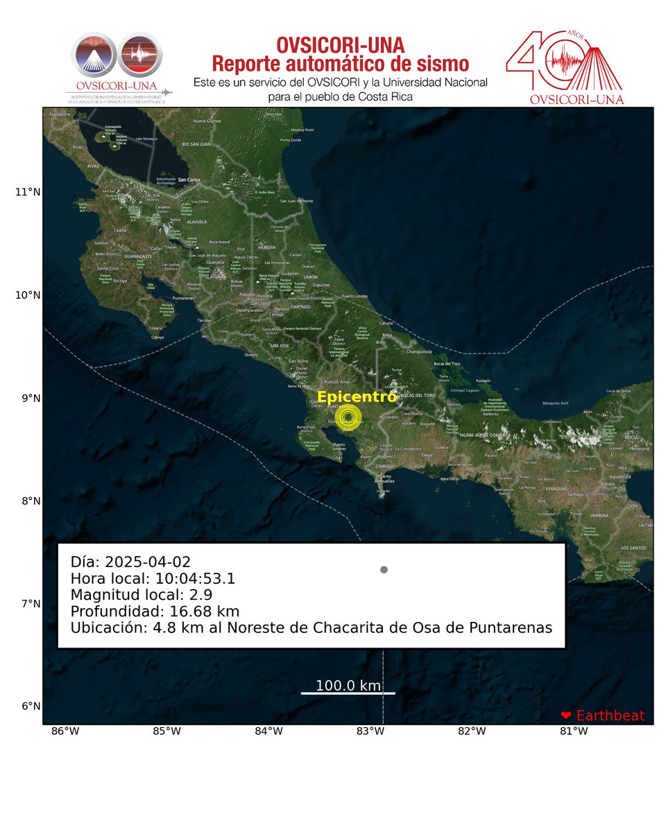 OVSICORI_UNA's tweet photo. 2025-04-02 10:04:53.1, Mag:2.9, Prof: 16.68, Epicentro: 4.8 km al Noreste de Chacarita de Osa de Puntarenas. #ovsicori #SomosUNA #SismoCR #Temblor #TemblorCR #Terremoto https://t.co/EPS8HJTbGx