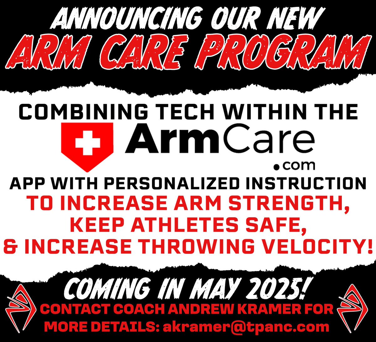 TPAnc's tweet photo. ANNOUNCING OUR NEW ARM CARE PROGRAM💪🚨

Coming in May 2025🗓️

Personalized instruction &amp; arm care tools courtesy of the @armcarecom app📍

Created &amp; led by Coach Andrew Kramer⚾️

More information coming 🔜 https://t.co/y8FgNQgro1