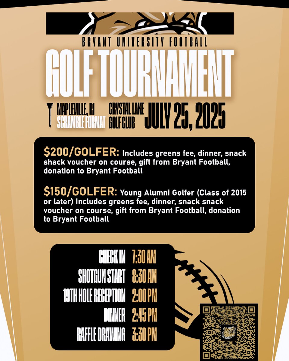 We're excited to announce that the second annual Bryant Football Golf Tournament will be taking place on July 25 at Crystal Lake Golf Club.

Register: shorturl.at/brFeG