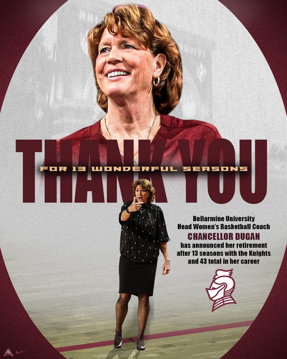 Bellarmine Women's Basketball (@buknightswbb) on Twitter photo We wish <a href="/chancedugan/">Chancellor Dugan</a> all the best in retirement‼️
We're sad to see her go, but so proud of what she accomplished leading our program.
The 2016 <a href="/GLVCsports/">Great Lakes Valley Conference</a> title, the 2⃣ NCAA II Tournament appearances, the historic D1-era success in her final season ... and more.
#Knight4Life We wish <a href="/chancedugan/">Chancellor Dugan</a> all the best in retirement‼️
We're sad to see her go, but so proud of what she accomplished leading our program.
The 2016 <a href="/GLVCsports/">Great Lakes Valley Conference</a> title, the 2⃣ NCAA II Tournament appearances, the historic D1-era success in her final season ... and more.
#Knight4Life