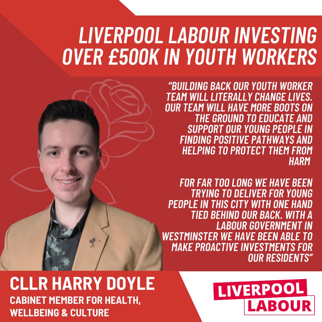 Harry Doyle 🌹🏳️🌈 (@harrydoyle96) on Twitter photo Delighted to announce that our <a href="/LiverpoolLabour/">Liverpool Labour</a> council will be investing in youth workers.
This will enable us to take proactive action to support our young people. Thanks to additional funding from Public Health, we are now able to build back services our residents need most! Delighted to announce that our <a href="/LiverpoolLabour/">Liverpool Labour</a> council will be investing in youth workers.
This will enable us to take proactive action to support our young people. Thanks to additional funding from Public Health, we are now able to build back services our residents need most!