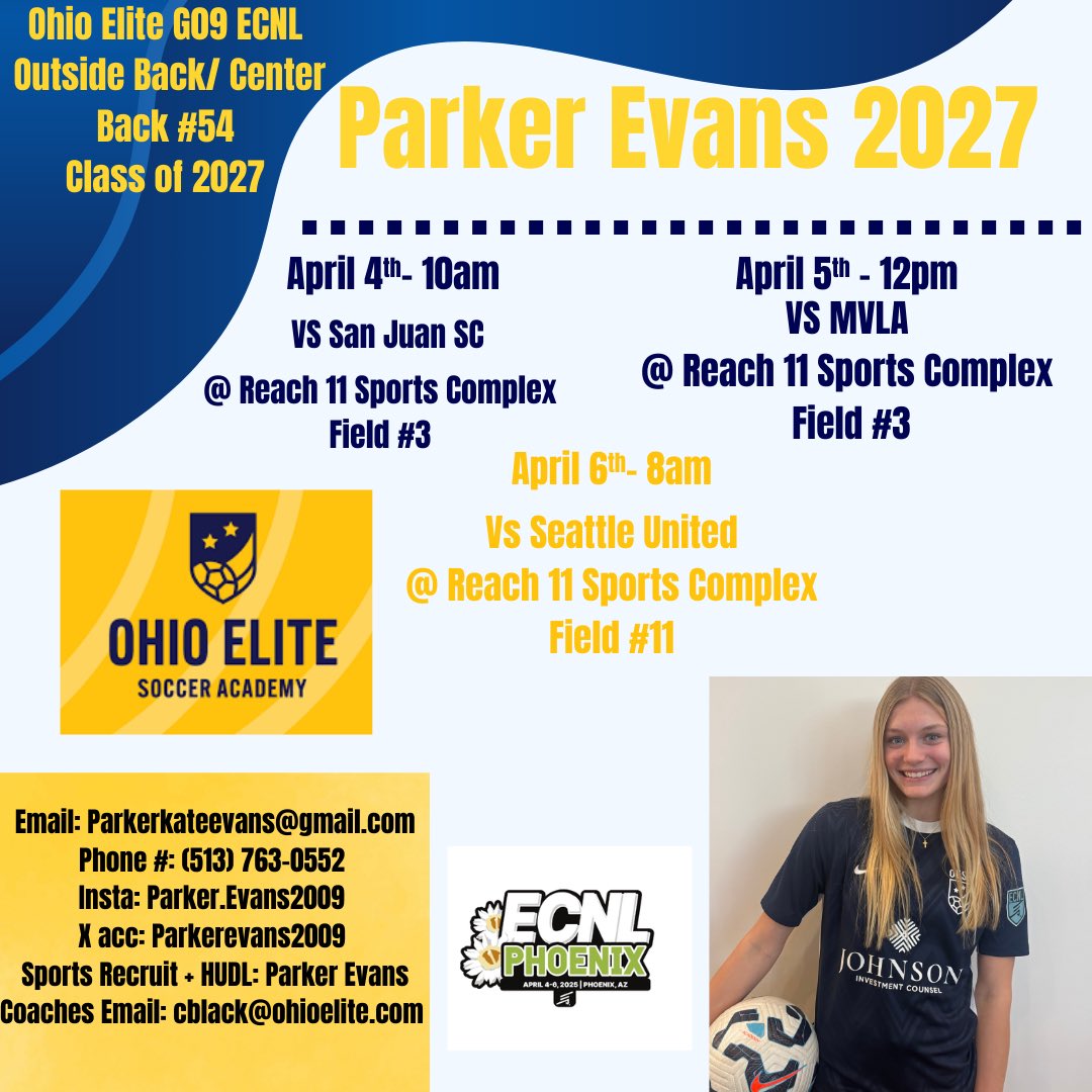 Parker Evans 2027 (@parkerevans2009) on Twitter photo 2 days till I head out to Arizona for #ECNLPHX!! Come watch my team compete against some tough competition!! Let’s go <a href="/ohioelite/">Ohio Elite Soccer Academy</a> 🌵🏜️🙌
<a href="/ECNLgirls/">ECNL Girls</a> <a href="/ImYouthSoccer/">ECNL/GA/Recruiting/College Soccer</a> <a href="/TopDrawerSoccer/">TopDrawerSoccer</a> <a href="/PrepSoccer/">Prep Soccer ⚽️</a> <a href="/ImCollegeSoccer/">College Soccer Truth ™</a> 2 days till I head out to Arizona for #ECNLPHX!! Come watch my team compete against some tough competition!! Let’s go <a href="/ohioelite/">Ohio Elite Soccer Academy</a> 🌵🏜️🙌
<a href="/ECNLgirls/">ECNL Girls</a> <a href="/ImYouthSoccer/">ECNL/GA/Recruiting/College Soccer</a> <a href="/TopDrawerSoccer/">TopDrawerSoccer</a> <a href="/PrepSoccer/">Prep Soccer ⚽️</a> <a href="/ImCollegeSoccer/">College Soccer Truth ™</a>