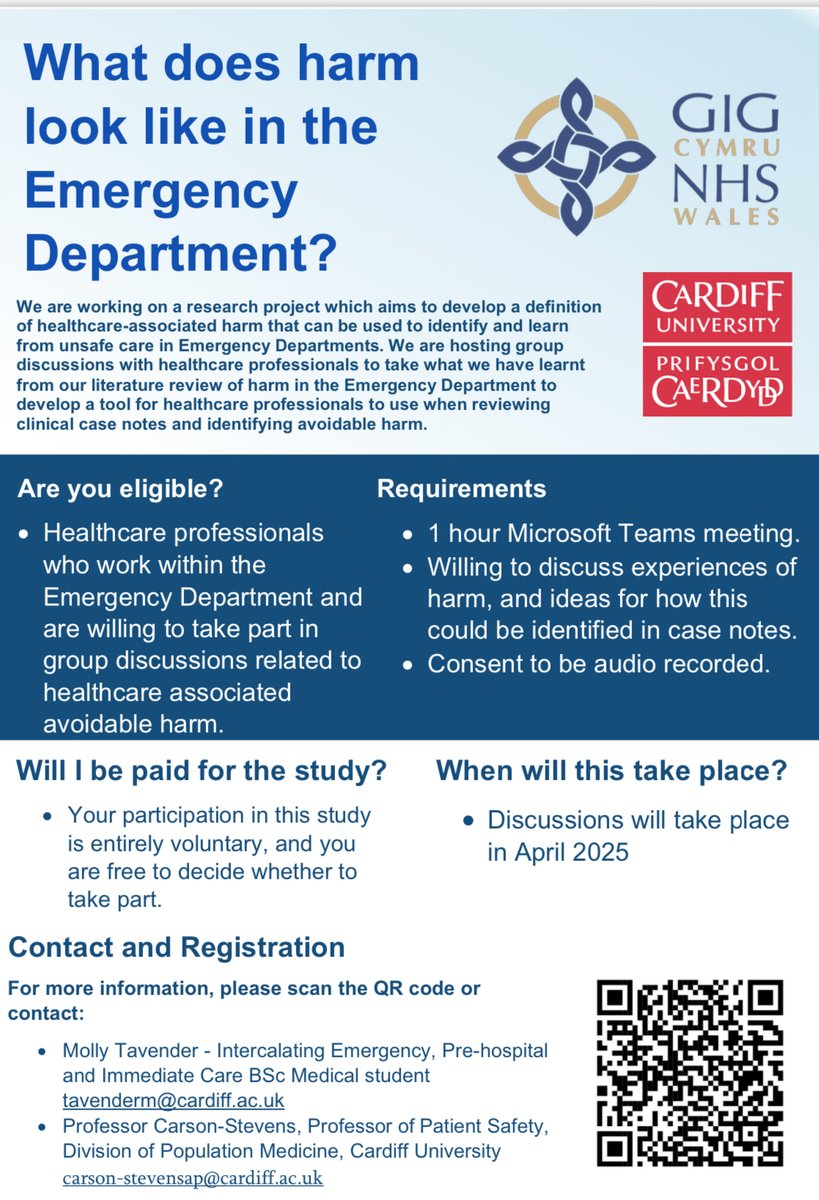Dr Joy McFadzean (@joymcfadzean) on Twitter photo What does harm look like in the Emergency Department? We are looking to talk to healthcare professionals to learn about their views on harm within EDs. Please get in touch & share! QR code link: tinyurl.com/3wvf7734 <a href="/mollytavender_/">Molly</a> <a href="/ACarsonStevens/">Andrew Carson-Stevens</a> <a href="/NJosephWilliams/">Natalie J-W</a> What does harm look like in the Emergency Department? We are looking to talk to healthcare professionals to learn about their views on harm within EDs. Please get in touch & share! QR code link: tinyurl.com/3wvf7734 <a href="/mollytavender_/">Molly</a> <a href="/ACarsonStevens/">Andrew Carson-Stevens</a> <a href="/NJosephWilliams/">Natalie J-W</a>
