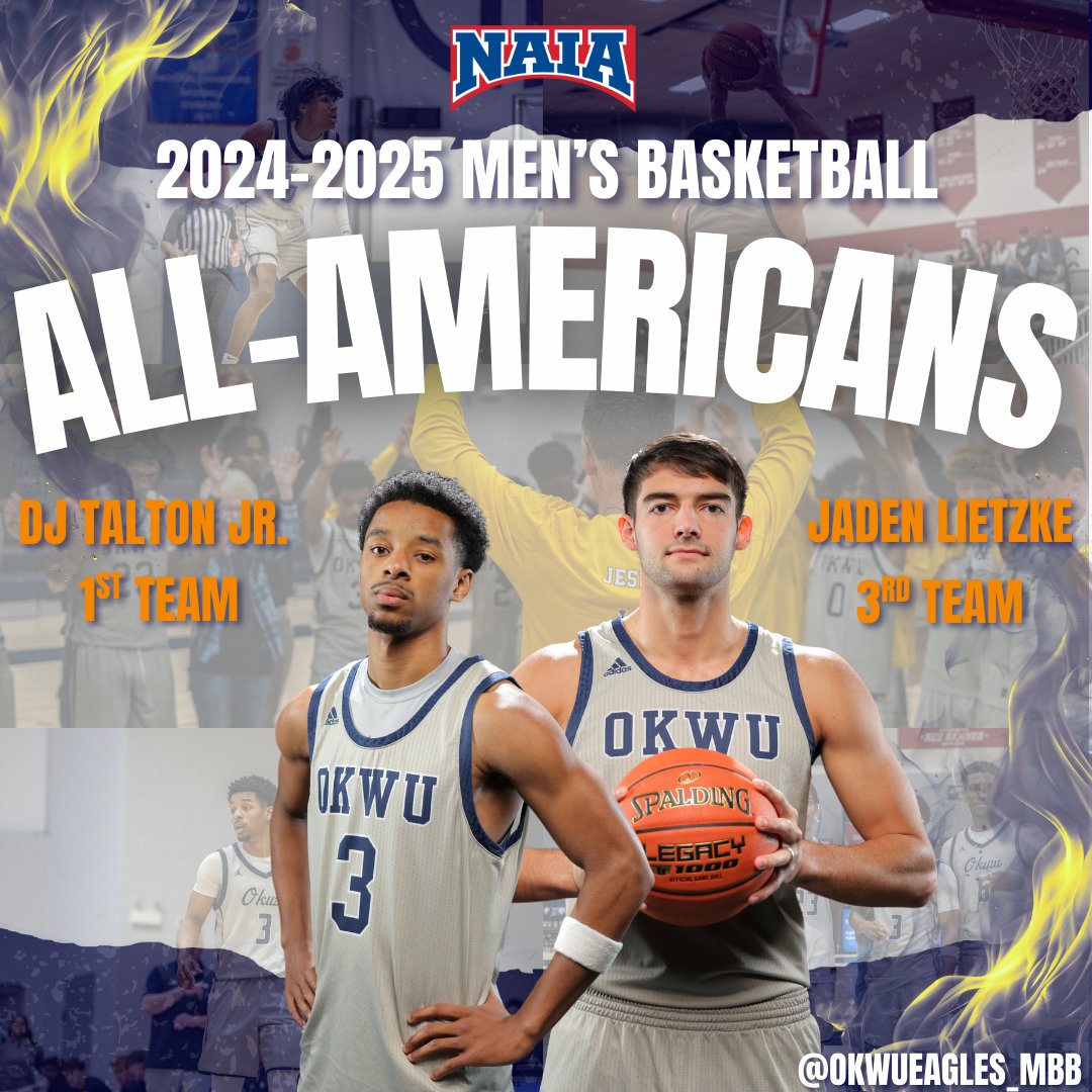 MBB: All-American's 🏀

Our favorite @okwueagles_mbb duo does it again! DJ Talton Jr. (2x) &amp; Jaden Lietzke (4x) earn NAIA All-American Honors for their impressive year on the court.

Congratulations to the two on a history making career!

#GoEagles