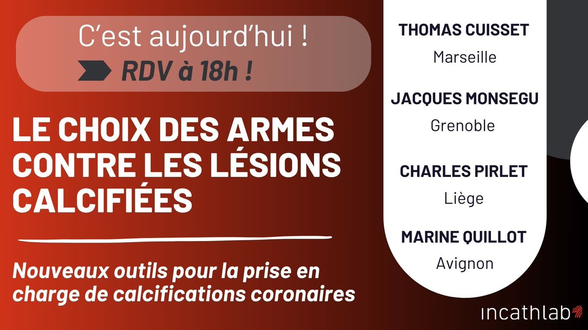 📢 JOUR-J Ne manquez pas notre émission exclusive ! 
Rejoignez-nous aujourd’hui à 18h pour l'émission "Le choix des armes contre les lésions calcifiées" 
💻 Un rendez-vous 100% en ligne, pour échanger avec des spécialistes du domaine ! 
Inscrivez vous : swll.to/IncathlabCardi…