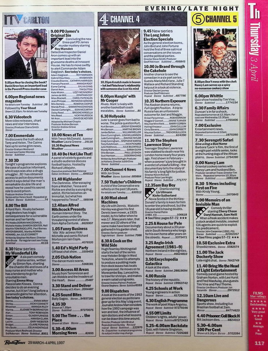 TvDidYouSee's tweet photo. #OnThisDay 3 April 1997 📺TV Listings
SWEAT on CITV and NO SWEAT on CBBC!
Who's the baby's father in #EastEnders?
#DameEdna has some WORK EXPERIENCE.
#EmmaWray and #GaryWebster star in #SimonNye's new comedy MY WONDERFUL LIFE.
A Hard Rain in #TheBill.
#RoyMarsden in ORIGINAL SIN. https://t.co/E5h0cFcviZ