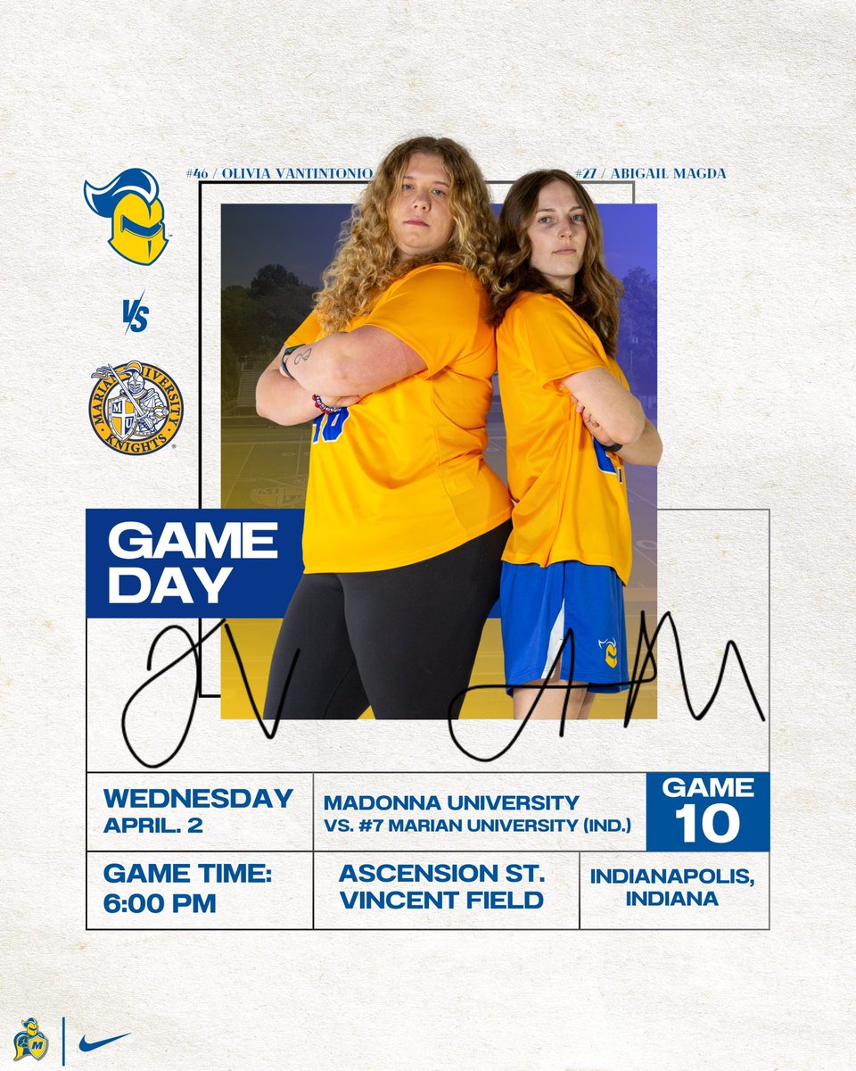 GAMEDAY!⚔️

🆚: #7 Marian University
📍: Indianapolis, Indiana
🏟️: Ascension St. Vincent Field
🕐: 6:00 PM
📺: shorturl.at/bXxFt
📊: shorturl.at/1EC72

#crusadernation