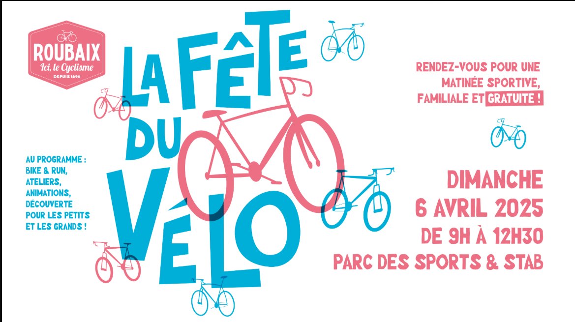 GDelbar's tweet image. 🚴‍♂️ Roubaix célèbre le Vélo ! 🚴‍♀️
À une semaine de #ParisRoubaix, venez profiter d’activités gratuites : Bike &amp;amp; Run, BMX, randonnées cyclotouristes, draisienne &amp;amp; baptêmes de piste. 🎉
Préparez-vous pour l’Enfer du Nord en famille ! 🙌
📅 le 6 avril | 🕘 9h-12h30
📍Parc des Sports